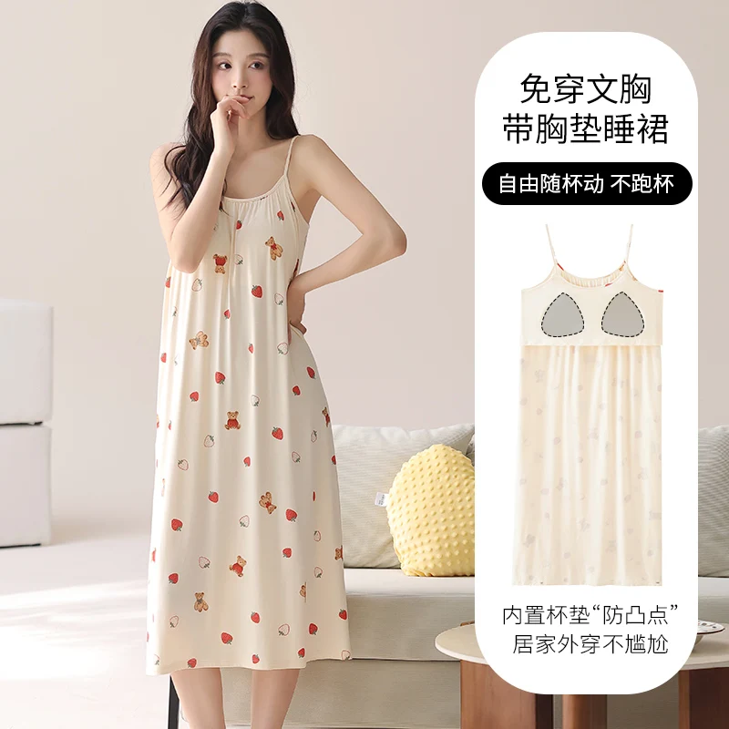 

Big Size M-5XL Summer Women Elegant Sling Nightdress With Chest Pad Femme Modal Nightwear Sleepdress
