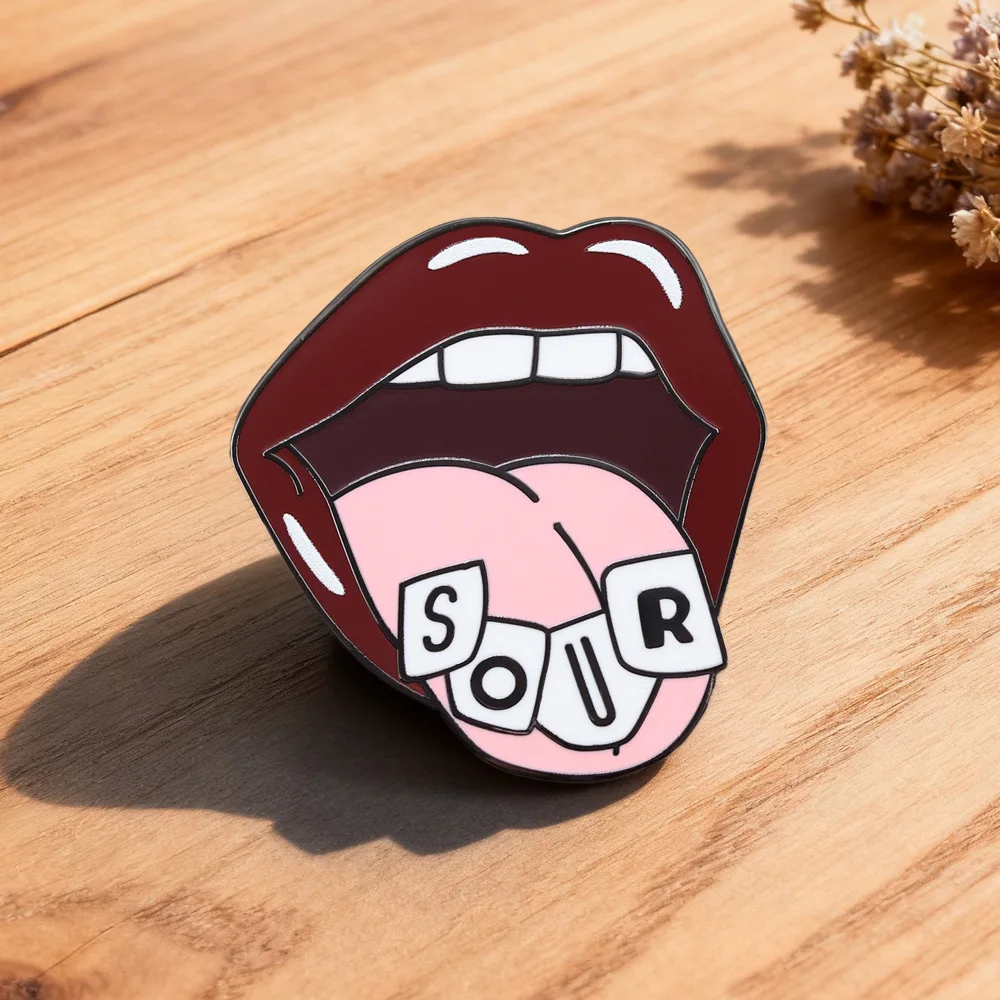 Retro Music Inspired Lip Shape Enamel Brooch Sour Letter Tongue Design Lapel Pin Fashion Accessory for Teen Fan Collectible Gift