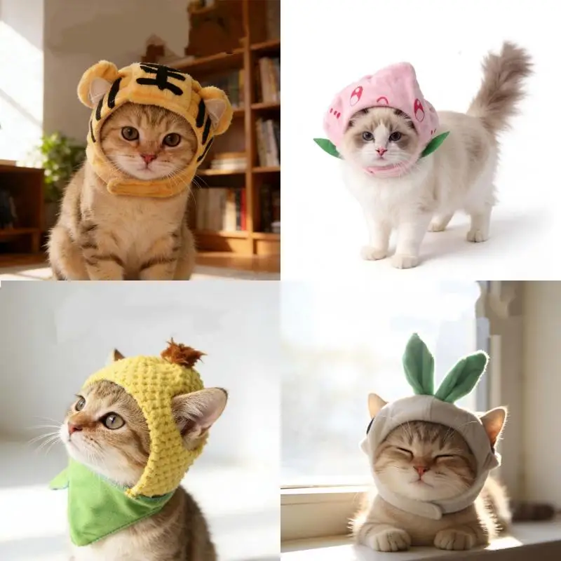 Cute Tiger Fruit Cat Plush Hat Cat Puppy Cosplay Costume Pet Accessories Adjustable Comfortable Warm Headdress Pet Headwear