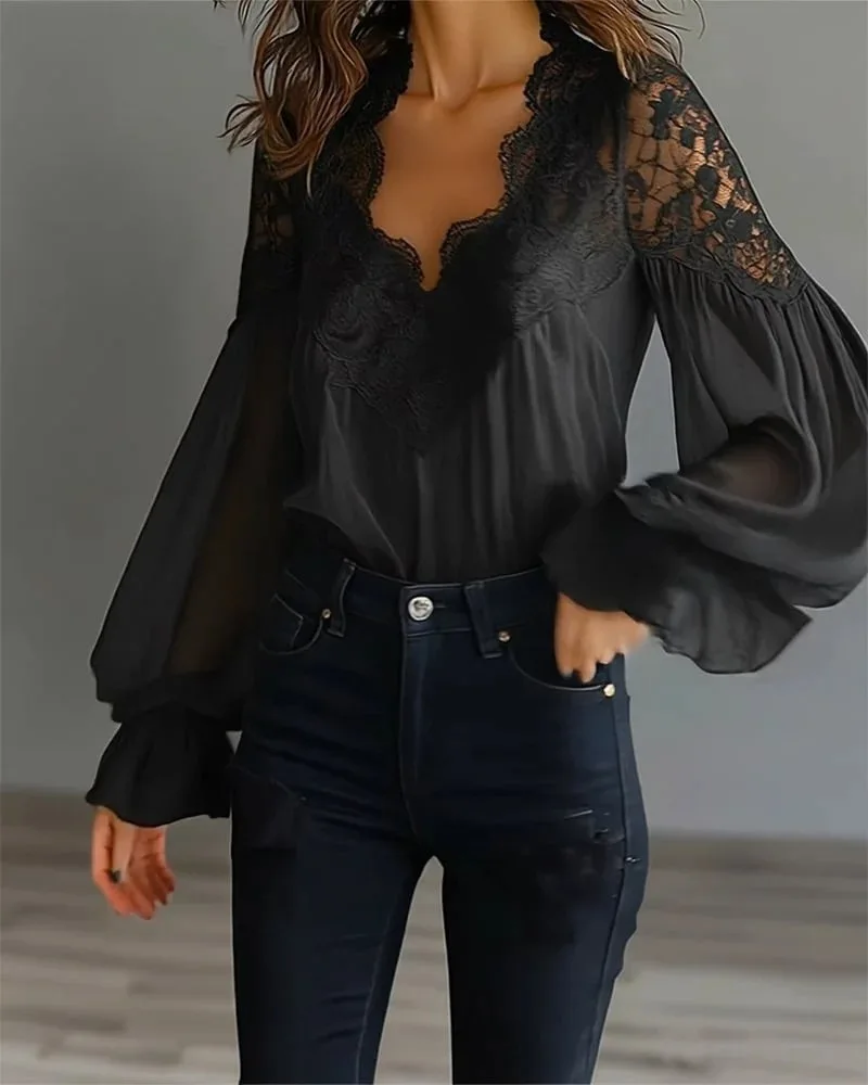Weiße Spitzenbluse mit tiefem V-Ausschnitt, langen Puffärmeln, sexy Damenbluse mit Spitzenapplikationen und Falten, Oberteil, Bürohemd für Damen – Detail 6