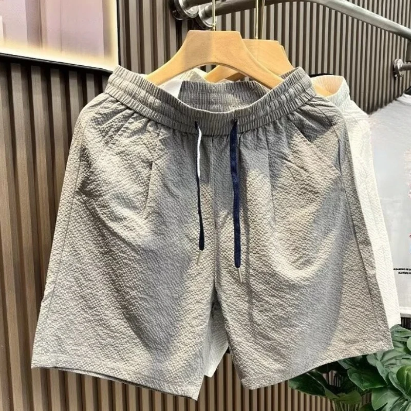 Men Summer Casual Sports Shorts, Bubble Texture Ice Silk, Quick Dry Breathable American Style Loose Beach Pants