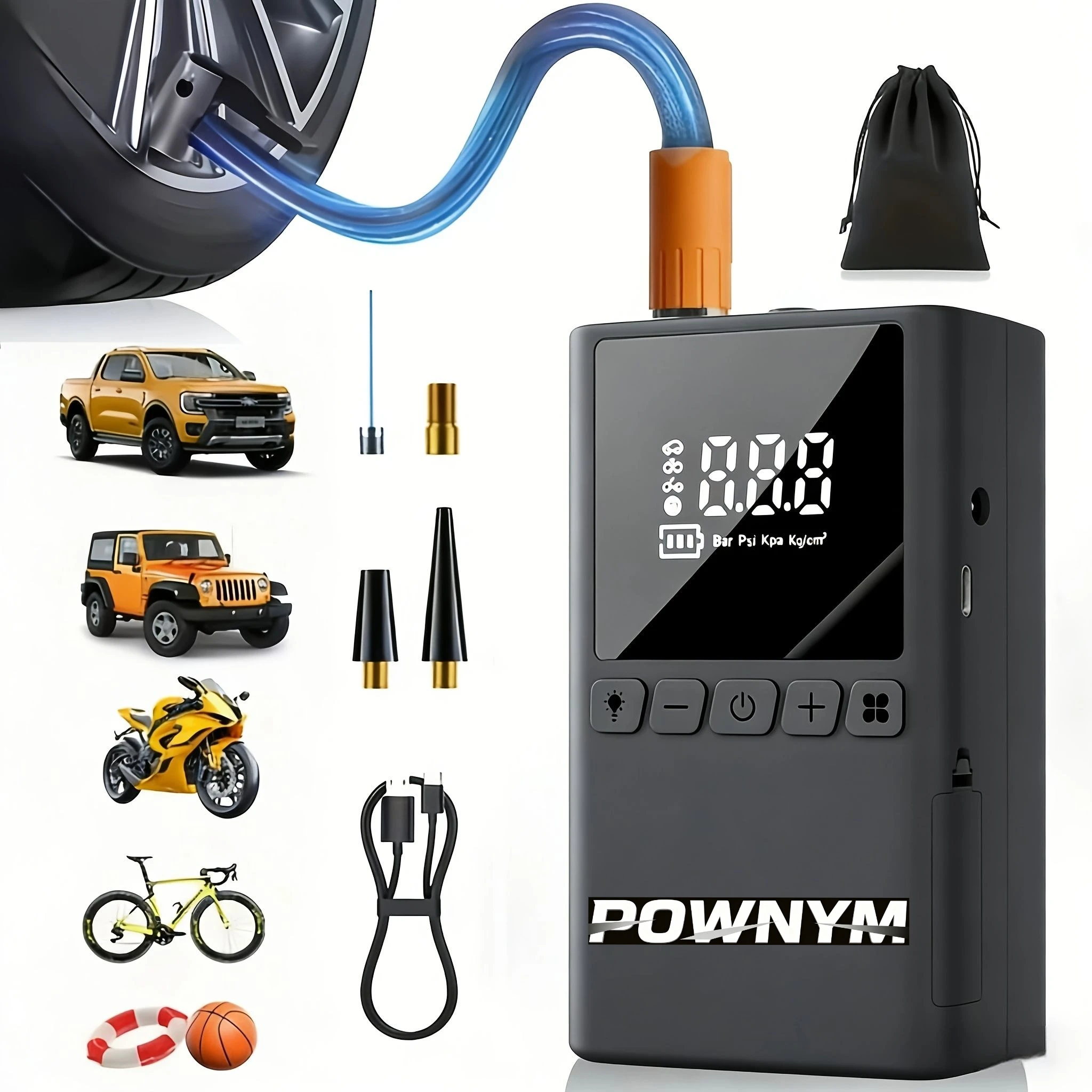 POWNYM Portable Wireless Tire Air Pump, 150PSI 3X Fast Inflation Digital Pressure Gauge, 2-in-1 Jump Starter with LED Light, All Nozzles for Vehicles & Balls