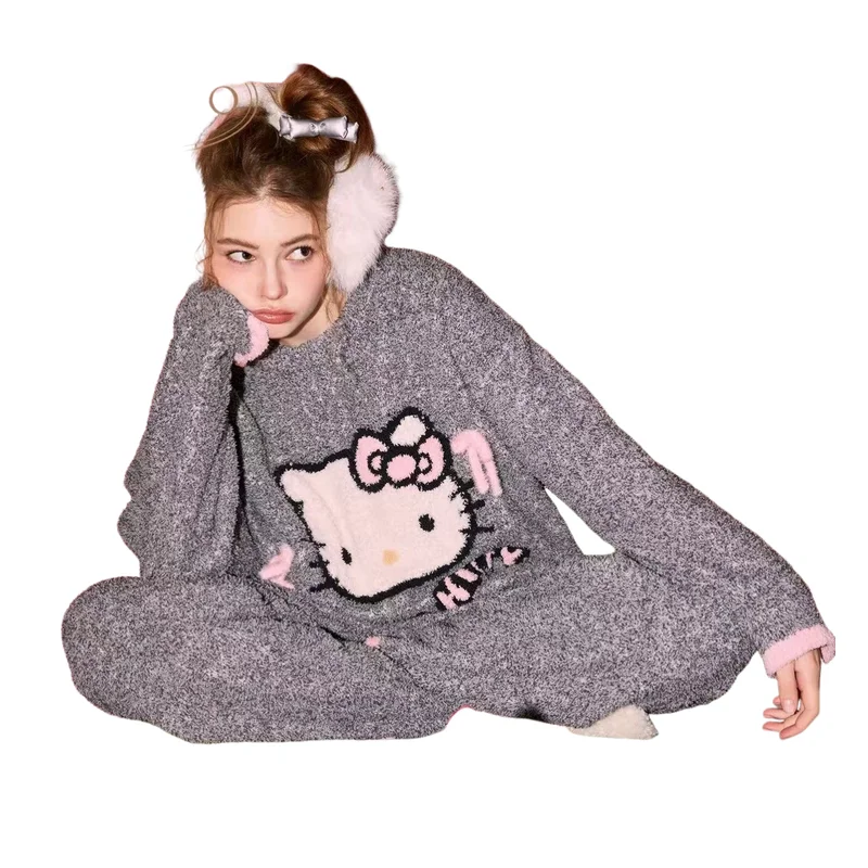 

2025 Women Autumn Winter New Stylish Cute Sweet Hellokitty Soft Comfort Pajama Set with Thick Velvet Warm Pants Home Clothingset