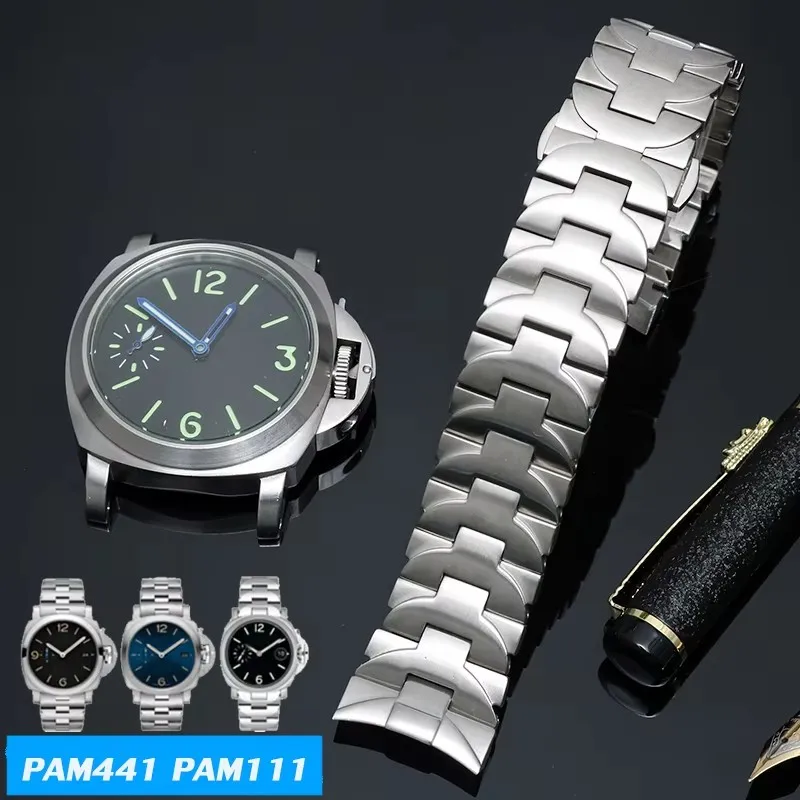 904L Stainless Steel Bracelet 24mm Solid Metal Watch band for Panerai PAM441 PAM111 Series Curved luxury Men Watch Strap Silver