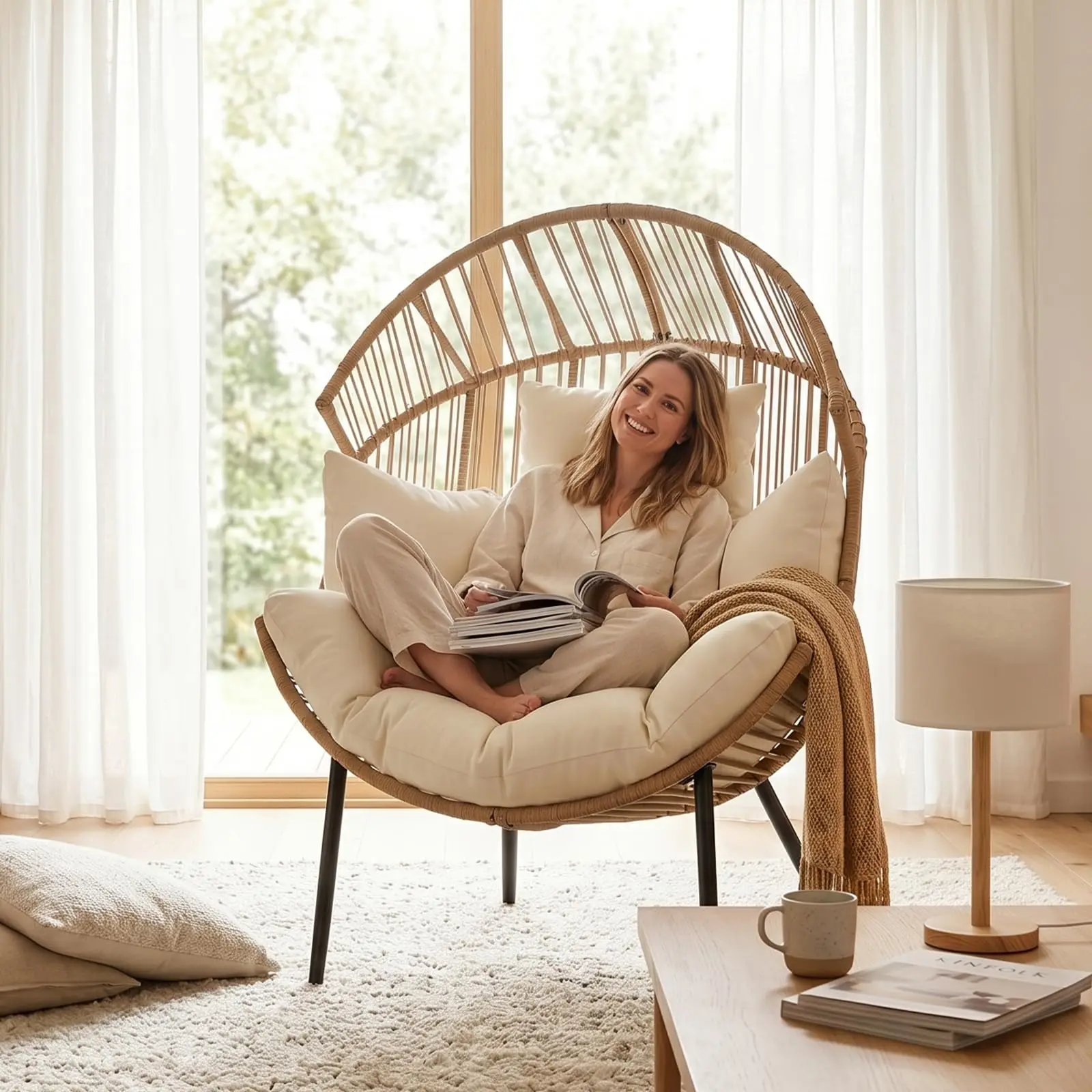 Outdoor Wicker Egg Chair Rocker, Oversized Rattan Papasan Lo