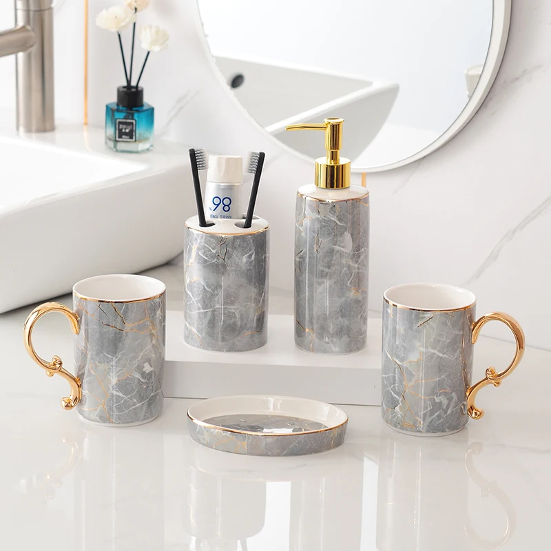 Nordic Style Bathroom 4/5/6 Piece Bathroom Ornaments Ceramic Toothbrush Holder Mouthwash Cup Soap Dispenser Accessories SetZB379