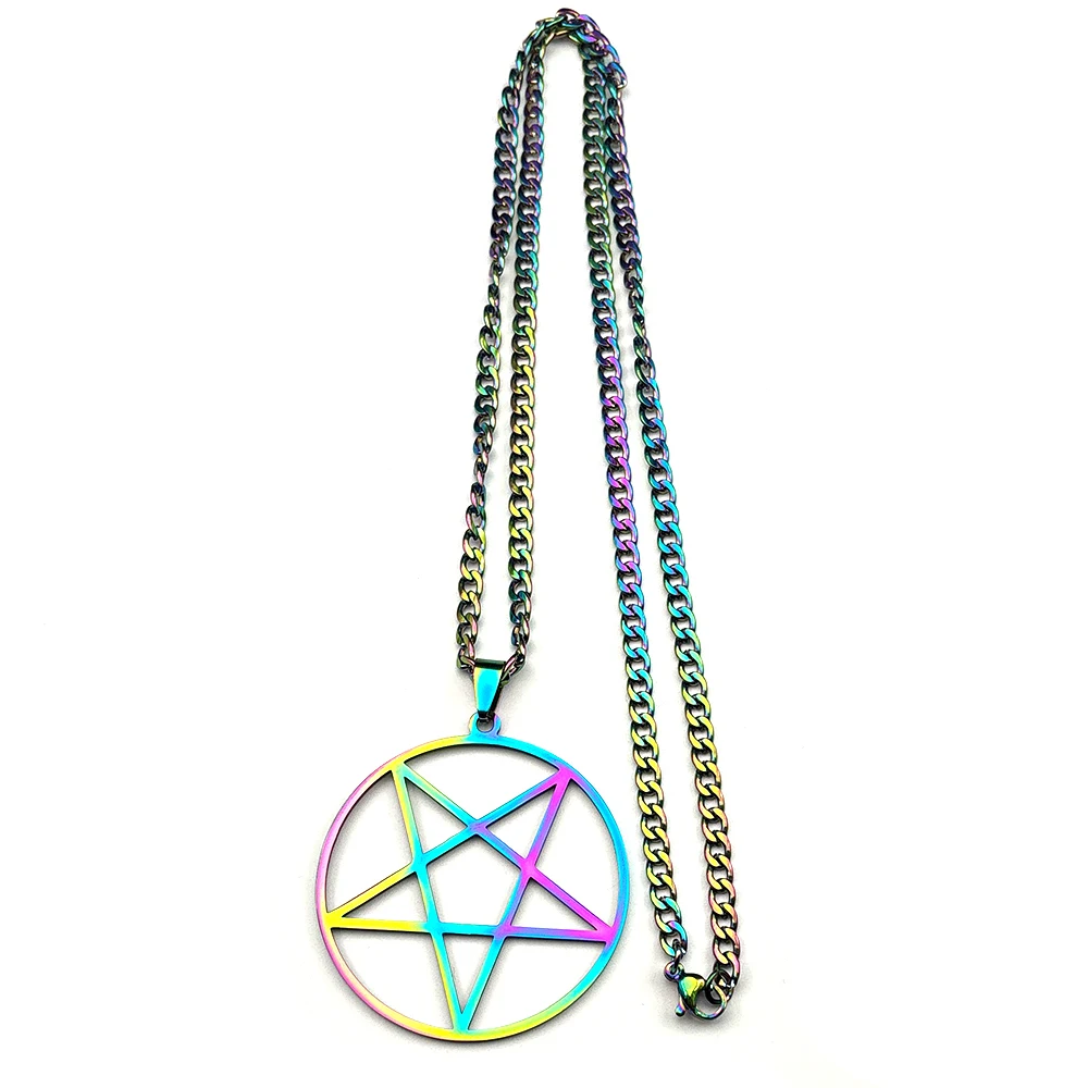 Retro Hexerei Pentagramm Anhänger Halskette für Damen und Herren, Edelstahl Regenbogenfarben Glücksbringer Punk Männerkette Schmuck Geschenk – Detail 8