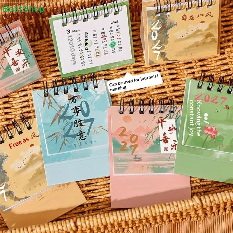 〔Q〕Mini 2027 Spiral Desk Calendar Traditional Chinese Aesthetic Print Portable For Office Home Daily Schedule Planning