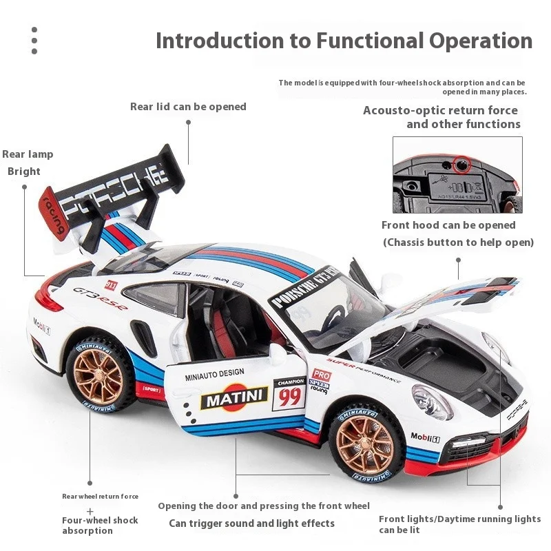 1:32 Porsche 911 GT3 RSR Track Version Alloy Sports Car Diecast Model Sound & Light Toy Home Ornament Children Toy Presents