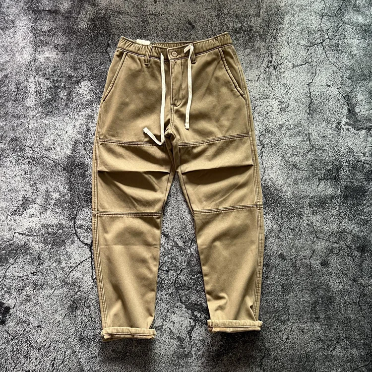 2024 Winter New American Retro Thickened Velvet Cargo Pants Men's Simple 100% Cotton Washed Drawstring Straight Casual Trousers