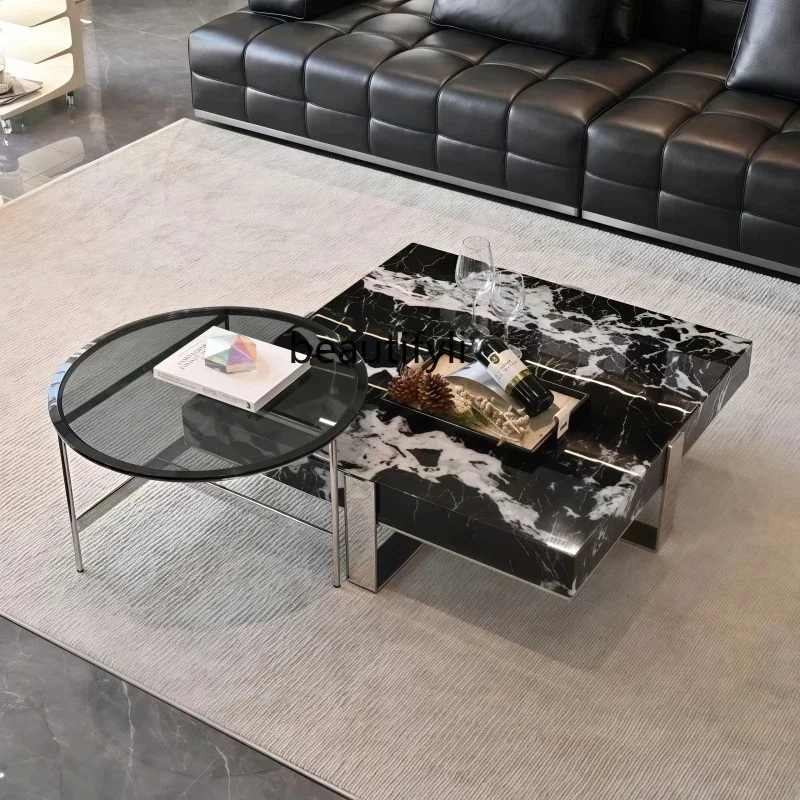 

xz1Italian minimalist black coffee table modern marble square light luxury high-grade luxury stone coffee table