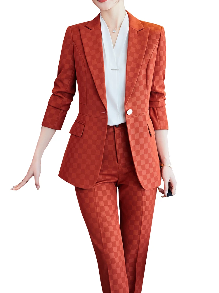 Completo da donna da ufficio completo da donna nero marrone rosso Plaid abbigliamento da lavoro femminile giacca Blazer e pantaloni formale Set da 2