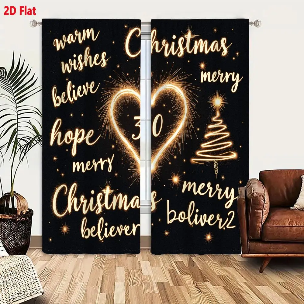 2Pcs Curtains 2D Flat Merry Christmas Warm Wishes Believe Hope Boliver2 30th Christmas Tree Celebration Glowing Golden Text Spar