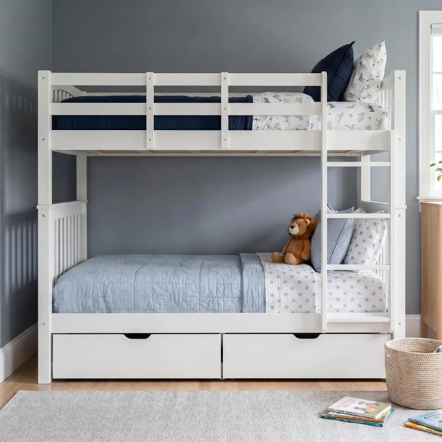 Twin Over Twin Bunk Bed with 2 Storage Drawers, Solid Wood, Natural Finish, Space-Saving and Sturdy for'Bedroom