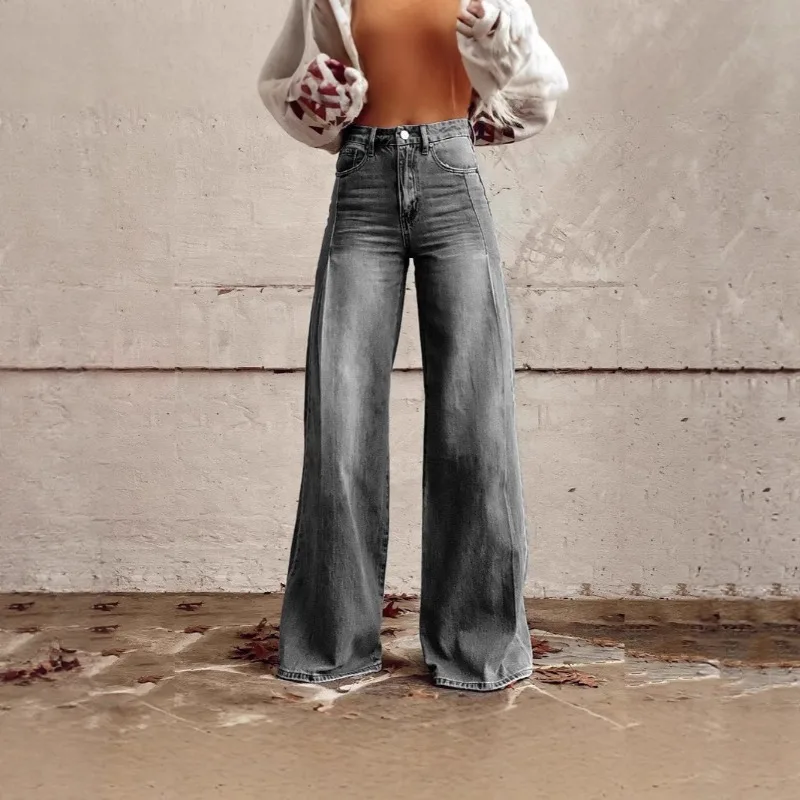 Pants Women's Retro Wide-leg Fashionable High-waisted Designer Denim Solid Color Button Comfortable Minimalist Versatile Niche