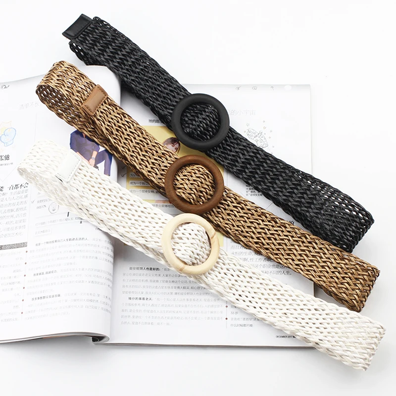 

Vintage woven belt black coffee women's cotton leprosy multi-color Bohemian round wooden smooth buckle fake straw wide belt