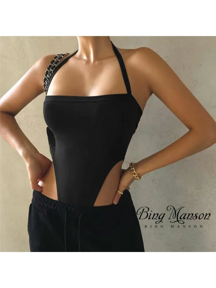 

Spring/Summer Fashion European and American Style Women's One Line Neck Hanging Neck Lace Up Open Back Casual Street Bodysuit