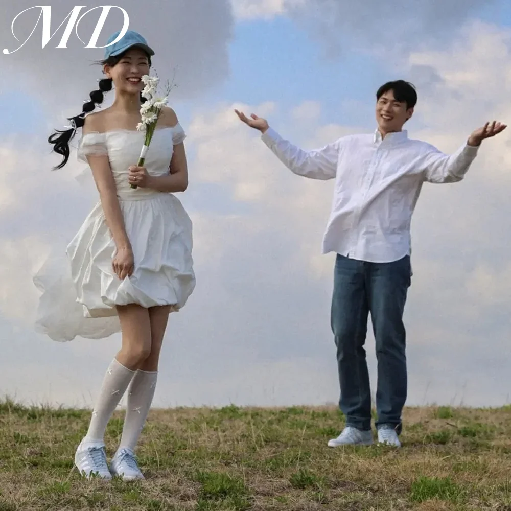 MD New 2025 Simple Pleat Satin Off Shoulder 웨딩드레스 Short Wedding Dress Mini Shawl Korea Photoshoot Bridal Gown Customized