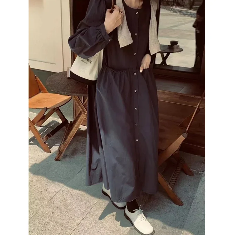 REALEFT Autumn Winter Single Breasted Women's Shirt Dresses 2025 New High Waist Long Sleeve Elegant Korean Dress Pockets Female