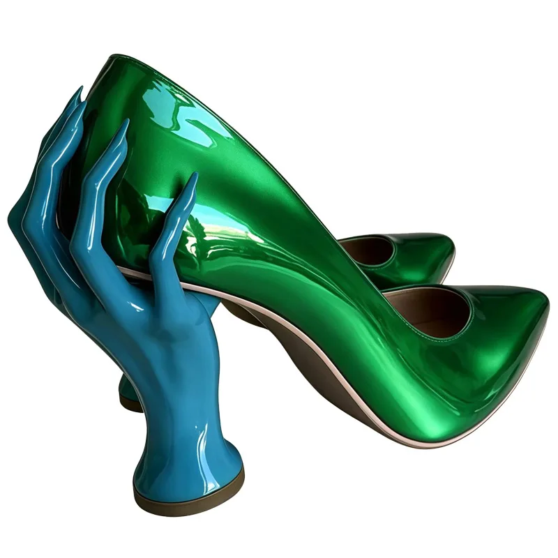 Stylish Blue Red Contrast Hand Finger Lifted Chunk Heel Pumps Blue Silver Bling Patent Leather Slip On Banquet Single Shoes