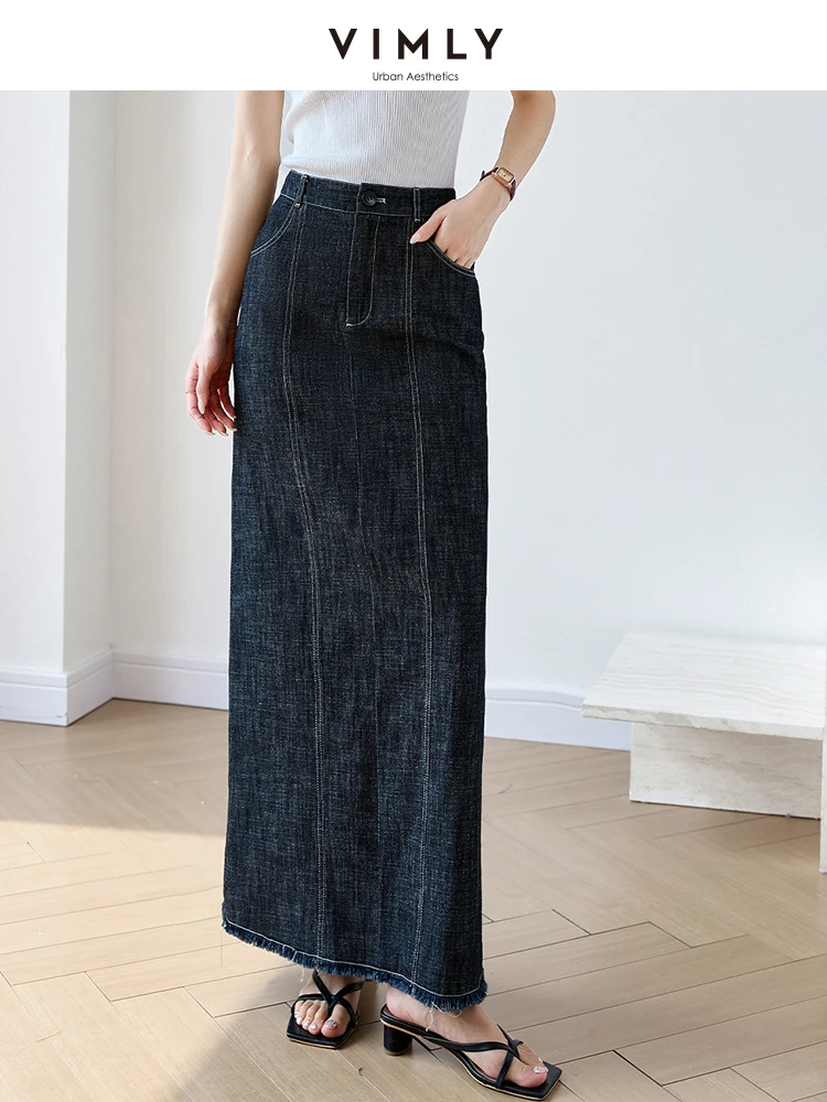 VIMLY Women's Simple High Waist Long Versatile Casual Denim Skirt 2025 Summer Commuting A-line Chic Skirt Elegant Party Skirts