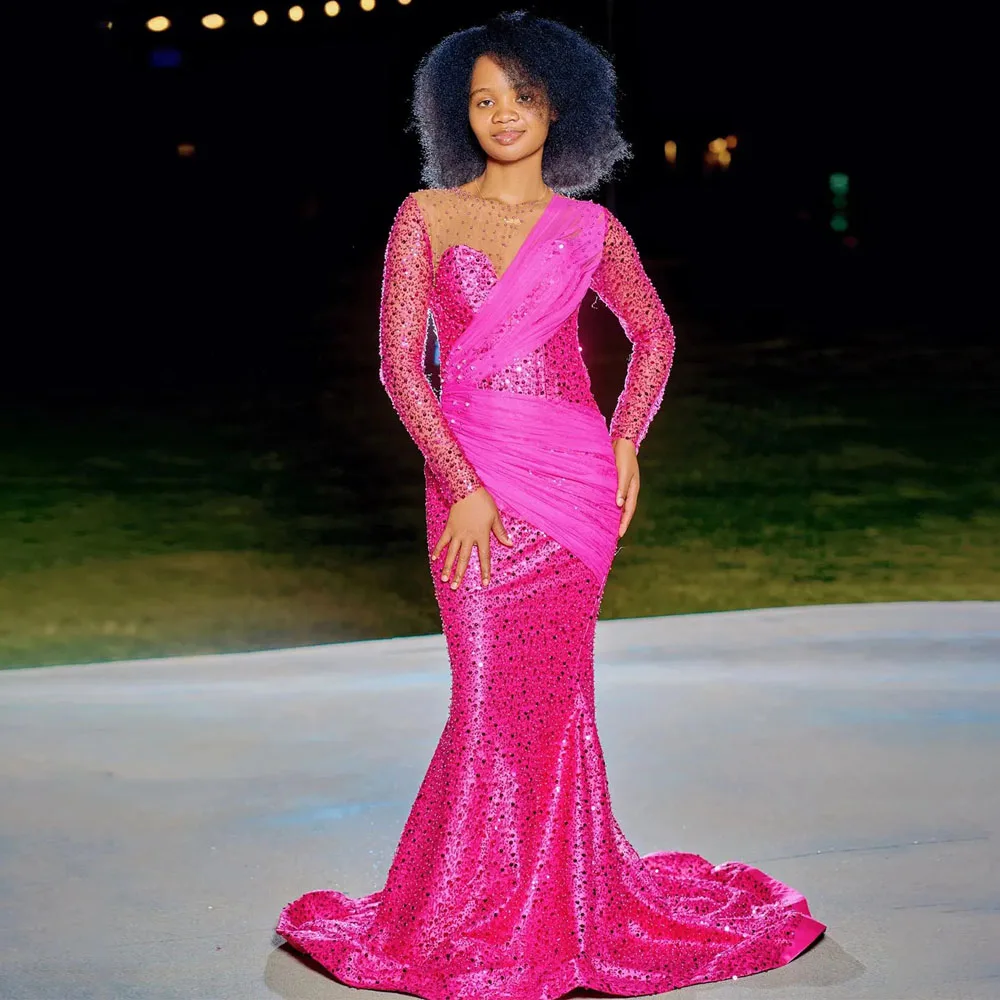 Fuchsia Mermaid Evening Dresses Beads Sheer Neck Long Sleeve Prom Gown 2024 Sequin with Pleat Womens Special Occasion Dress