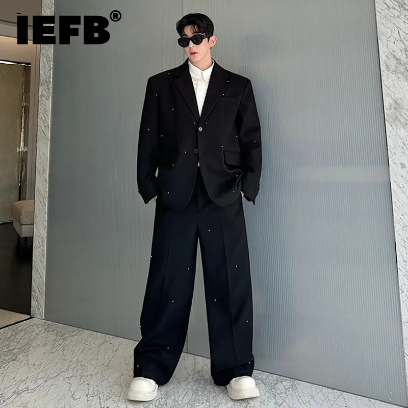 IEFB Niche Design Men\'s Two-piece Hand Beading Single Breasted Loose Male Blazers Straight Wide Leg Suit Pants Male Sets 9C7935