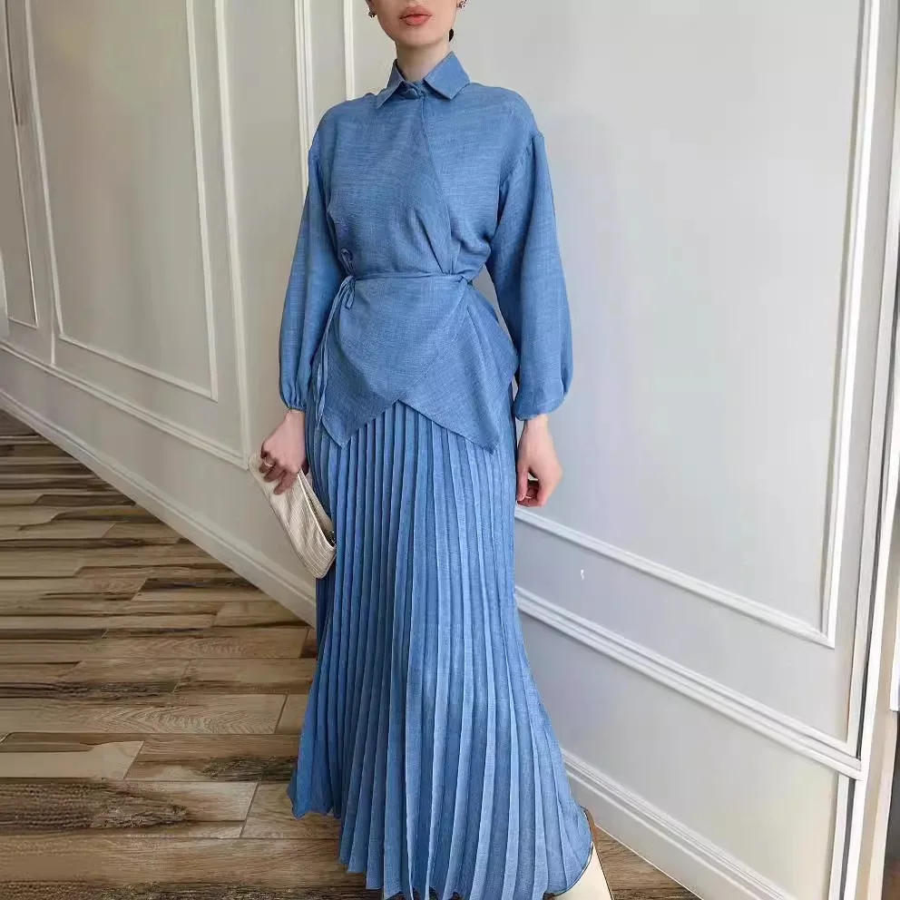 

2 Piece Set Women Top Long Pleated Skirt Suit Lace Up Morocco Dubai Arabic Ramadan Muslim 2025 Skirts Outfits Modest Ensemble