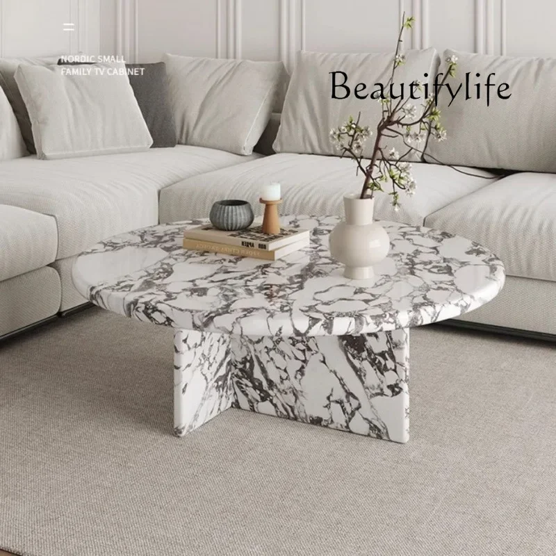 Mesa de centro de mármore natural estilo creme francês AL Y, tampo oval redondo italiano lacado e estrutura de aço inoxidável, resistente ao calor