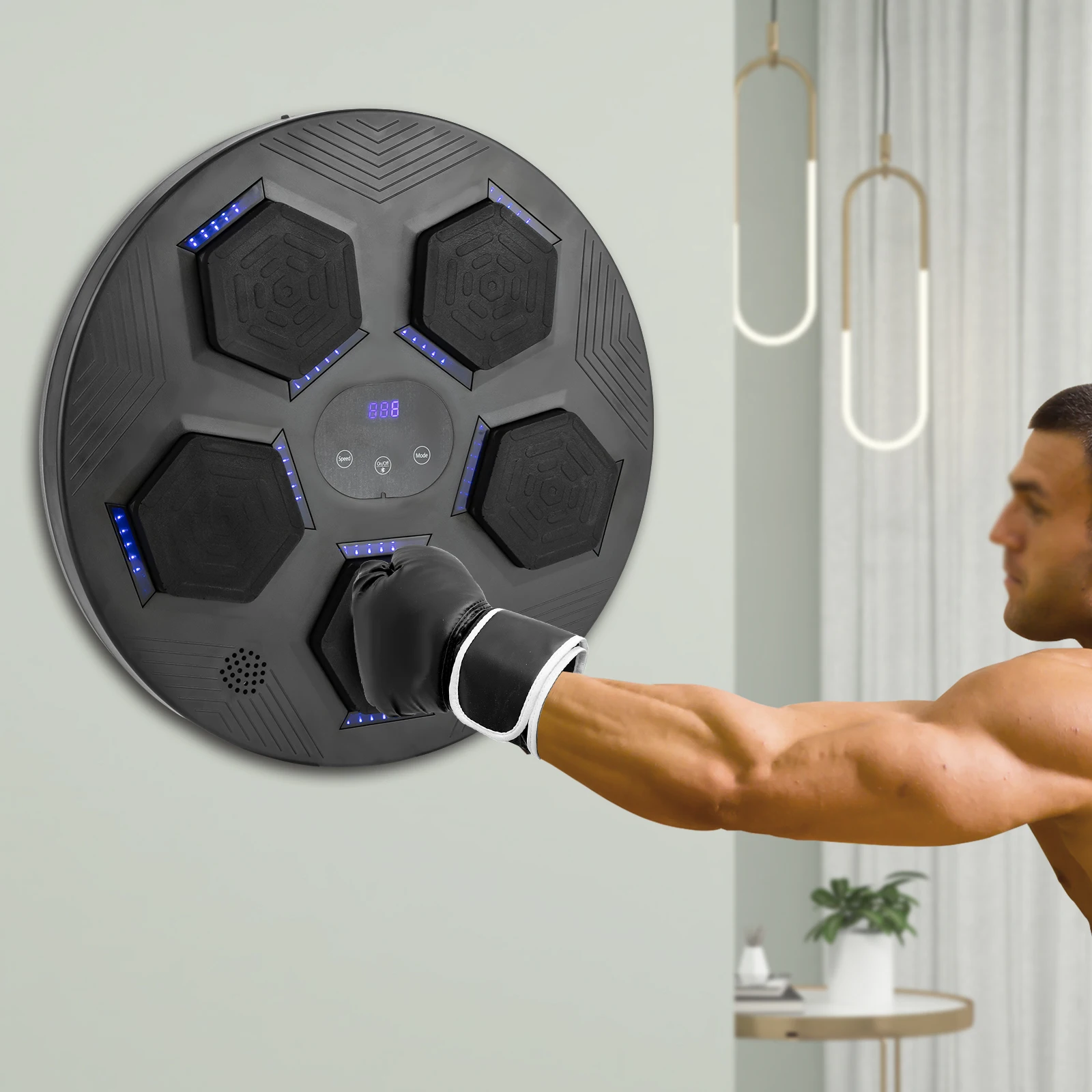 Cible de boxe musicale intelligente murale Bluetooth LED, Pad de frappe de boxe rechargeable 1800 mAh, Machine de boxe anti-stress avec gants pour le