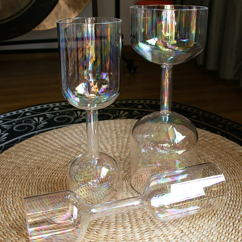 Segurar tigela de canto de cristal transparente de duas cabeças sagrado graal terapia de som yoga meditação instrumento de percussão ornamento