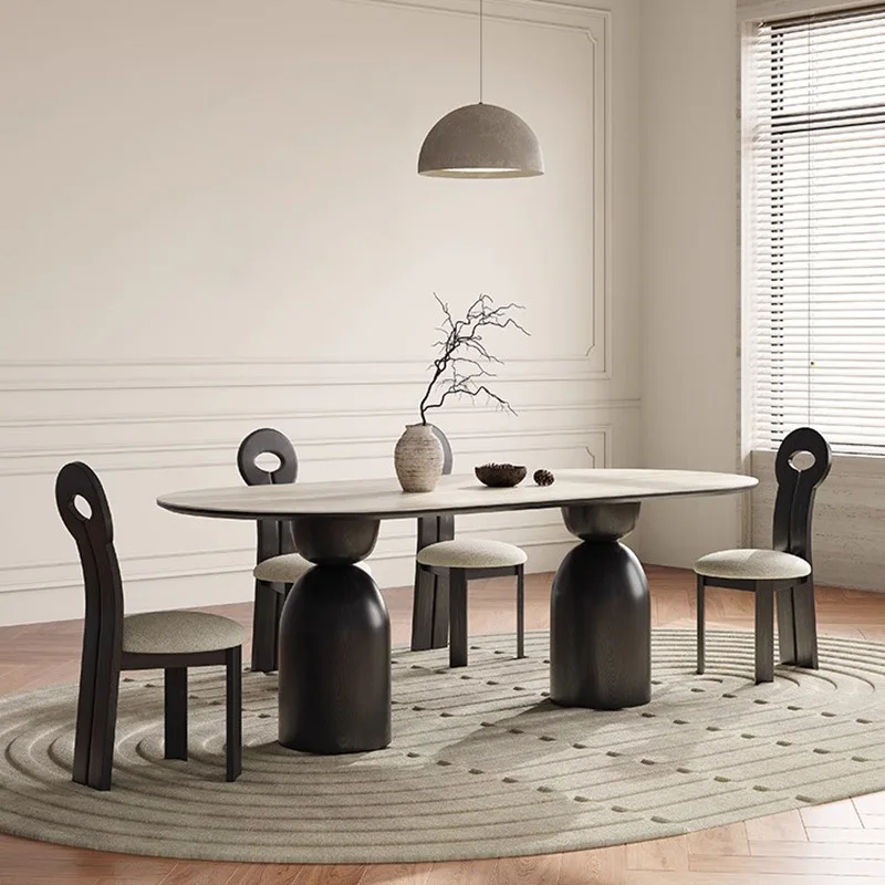 Nordic solid wood dining table, oval for small home use, French cream style, modern minimalist light luxury matte stone dining t