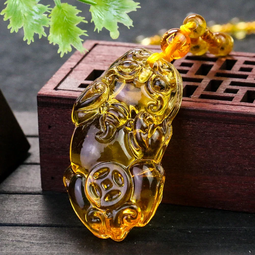 Yellow Glaze Copper Money Pixiu Fortune Pendant Necklace Auspicious Feng Shui Amulet Sweater Chain Jewelry Accessories Unisex