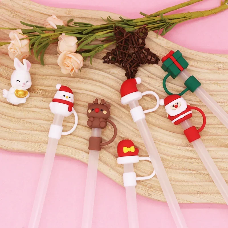 Silicone Straw Cover Christmas Cartoon Modeling Straw Plug Tips Cover Reusable Drinking Dust Cap Santa Snowman Party Decorations