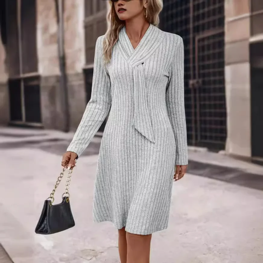 New autumn winter Dresses for Women gray Bottom with Coat Knitted Dress V-neck A-line mini skirt long-sleeved versatile Vestidos