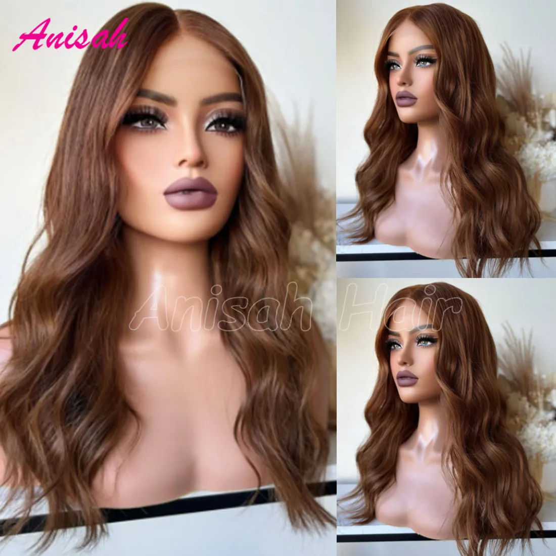 

Brown Colored Natural Wave Human Hair Lace Front Wig for Women Brazilian Virgin Hair Wavy Closure Lace Glueless Wigs for Women