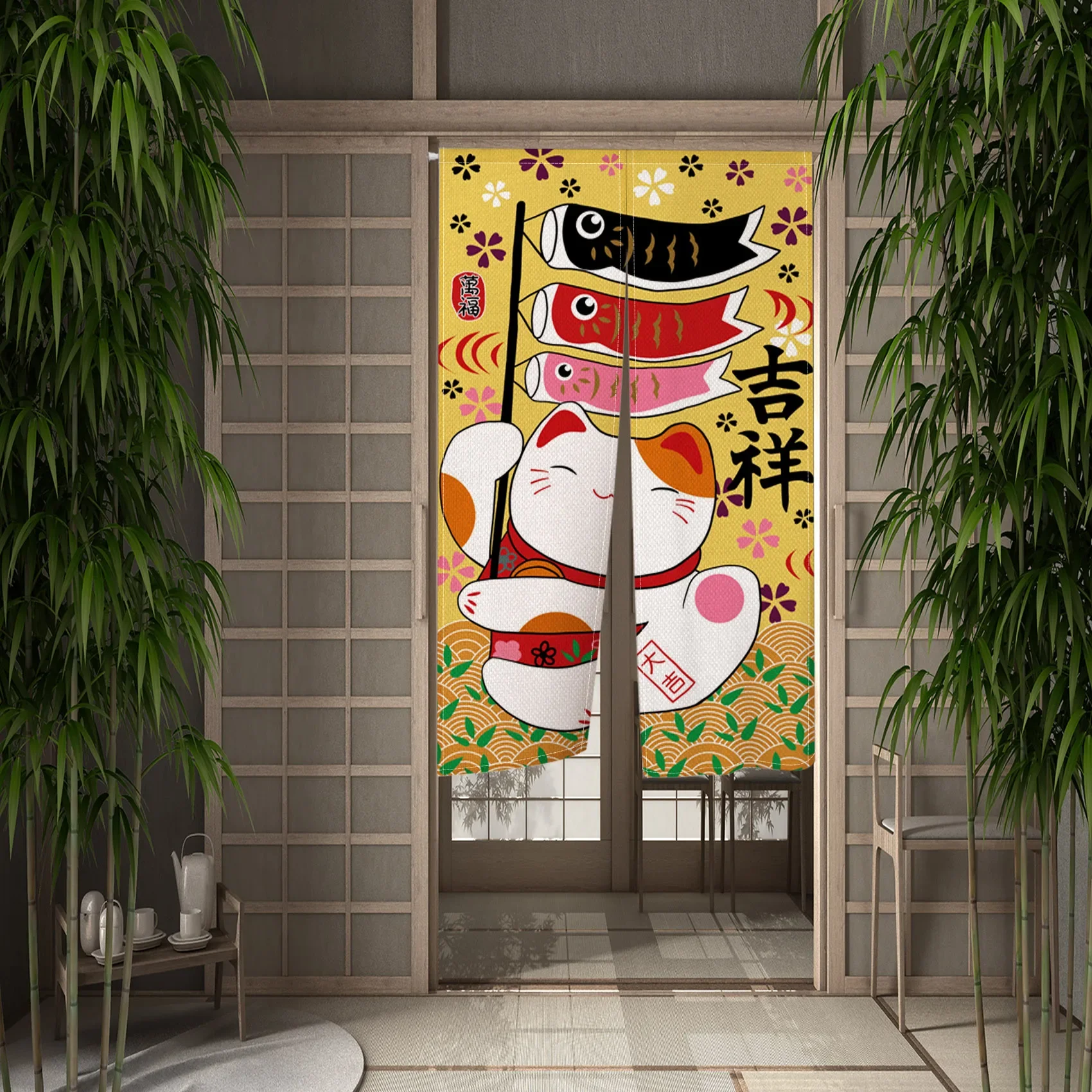 Japanese Noren Door Curtain Lucky Cat Print Sushi Izakaya Entrance Decor Bathhouse Partition Doorway Hanging Split Half-Curtain