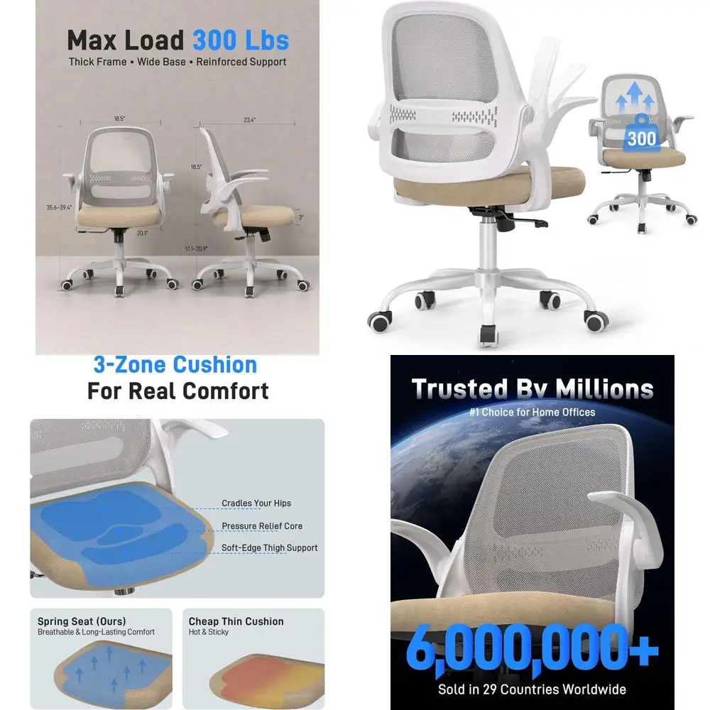 

Breathable Mesh Ergonomic Chair with Flip-Up Arms, Swivel, and 300 lbs Capacity for Home Office (White/Beige)