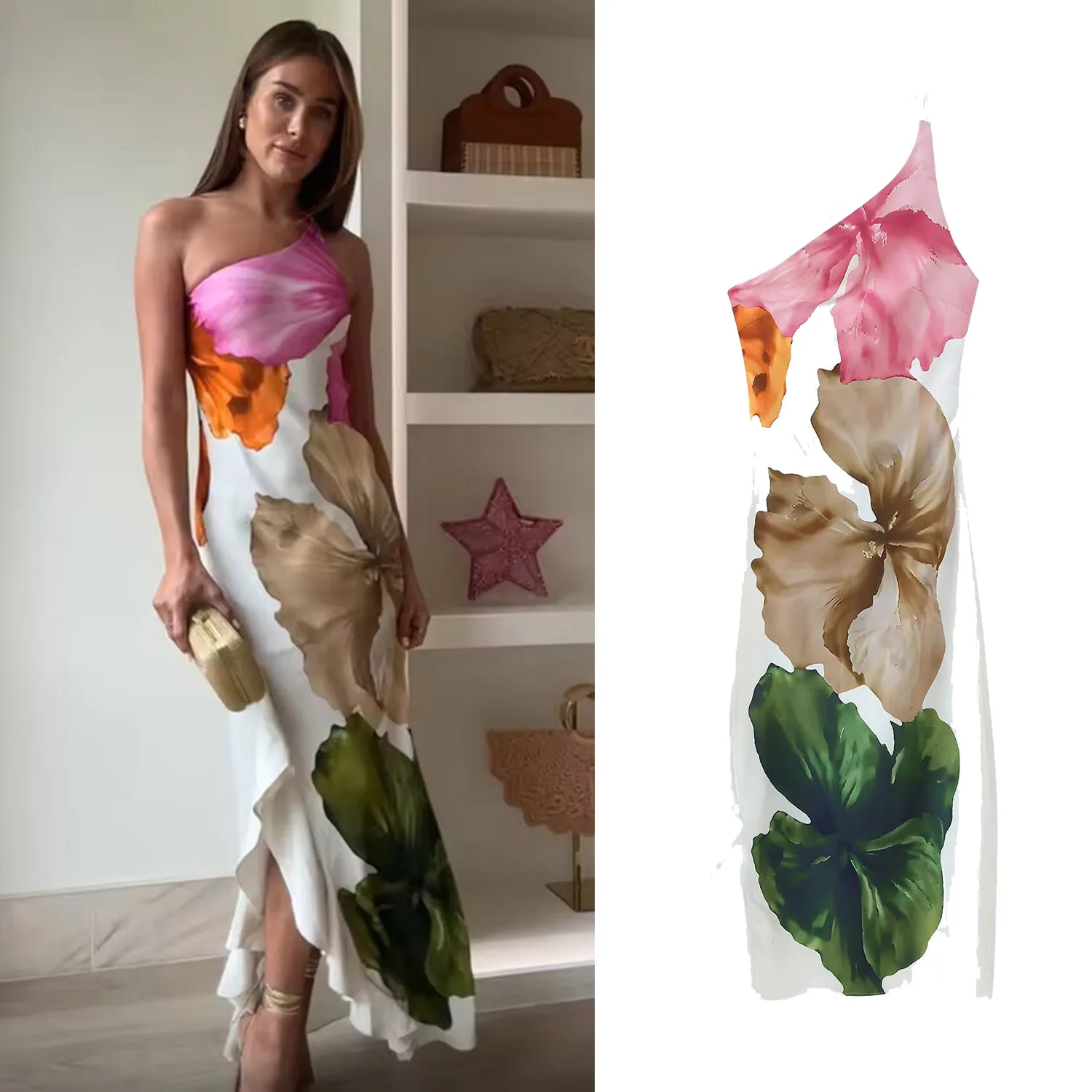 

2025 Women Printed Long Dress Skew Collar Sleeveless Off Shoulder Irregular Slim Dress Casual Fashion Holiday Loose Dress