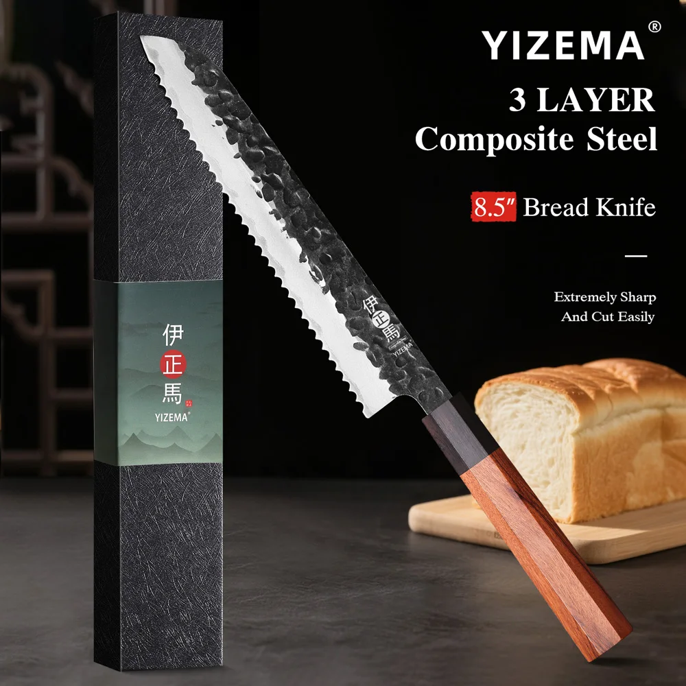 

YIZEMA 8,5 "Профессиональный зубчатый нож для хлеба, композитная сталь ручной работы, кухонные японские ножи шеф-повара, инструменты для резки сыра, торта