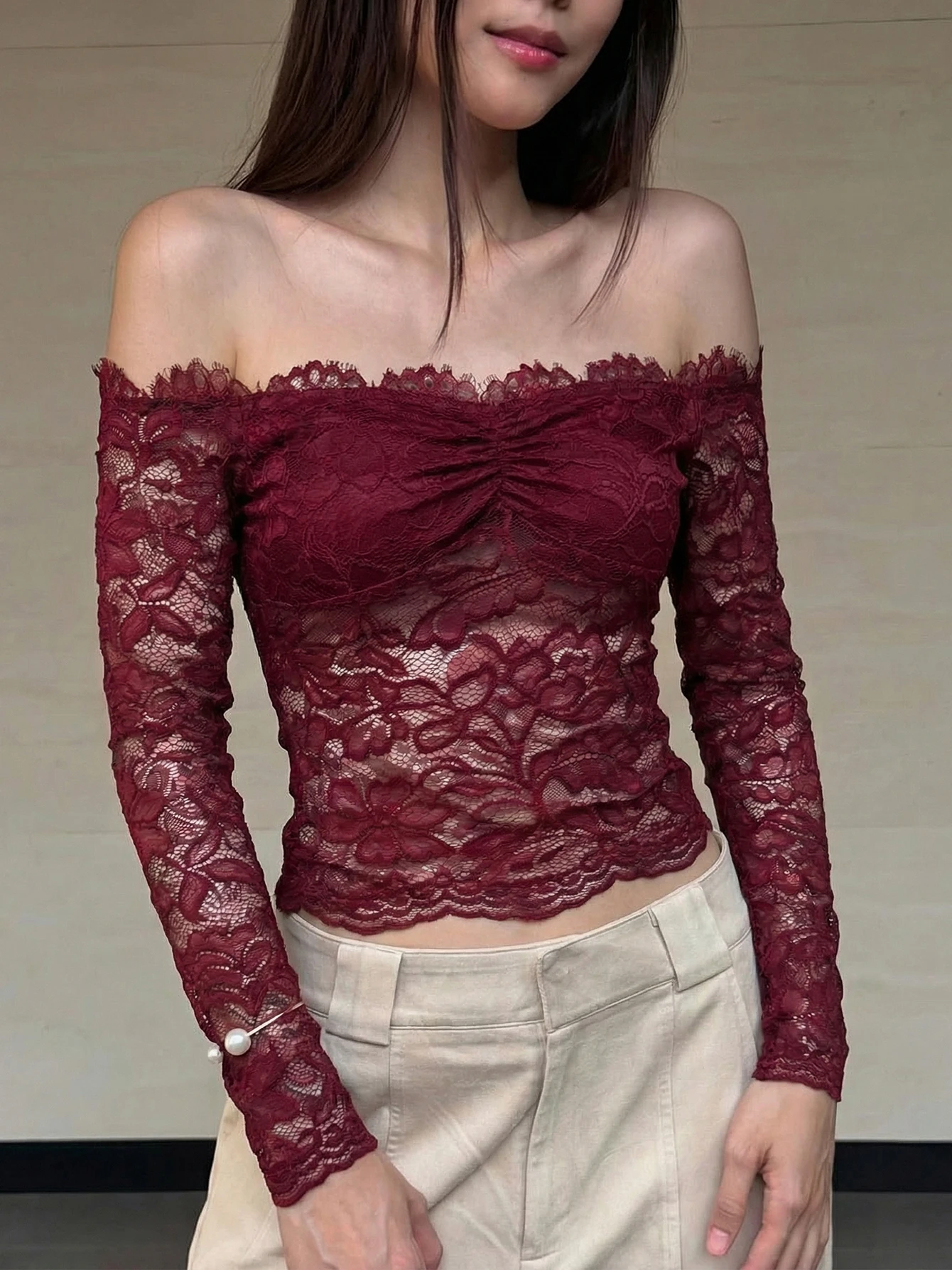 Dulzura Off Shoulder Long Sleeve See Through Lace T-Shirt Women'S Fashion Sexy Casual Slim Y2K Top Street Beach Vacation Clothes