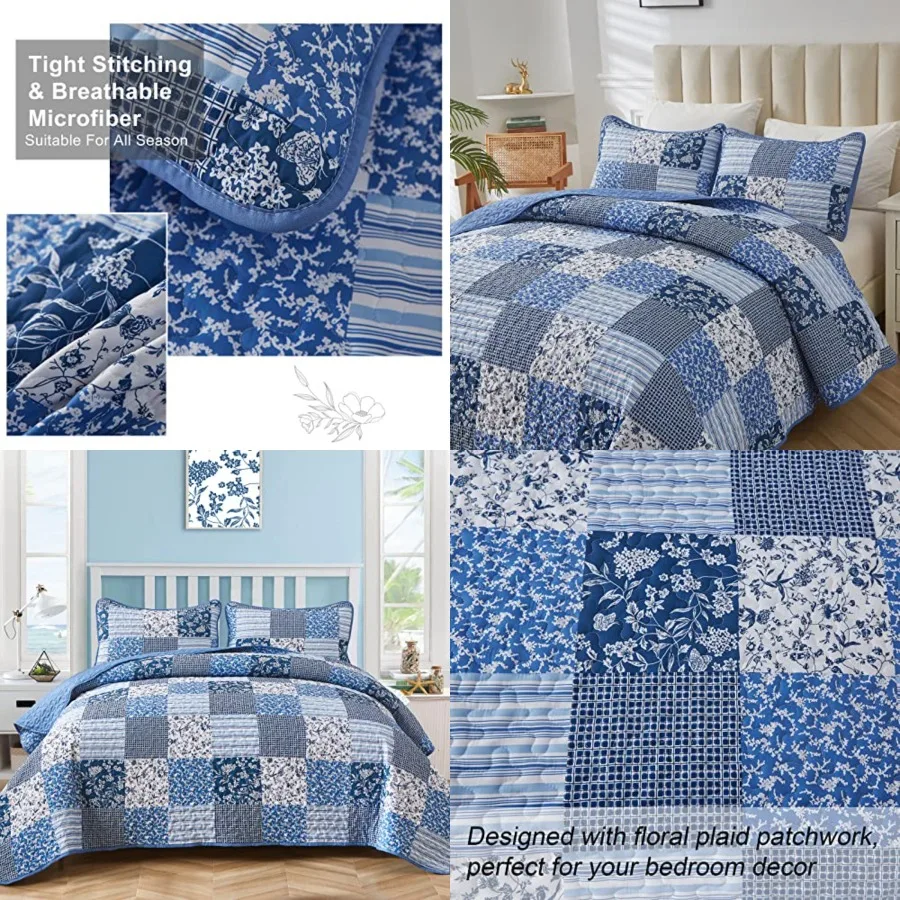

Blue Boho Quilt Set Queen Size,3 Pieces Plaid Floral Bedspread Coverlet Set for All Season,Patchwork Reversible Bedding Set Queen 90"x96"