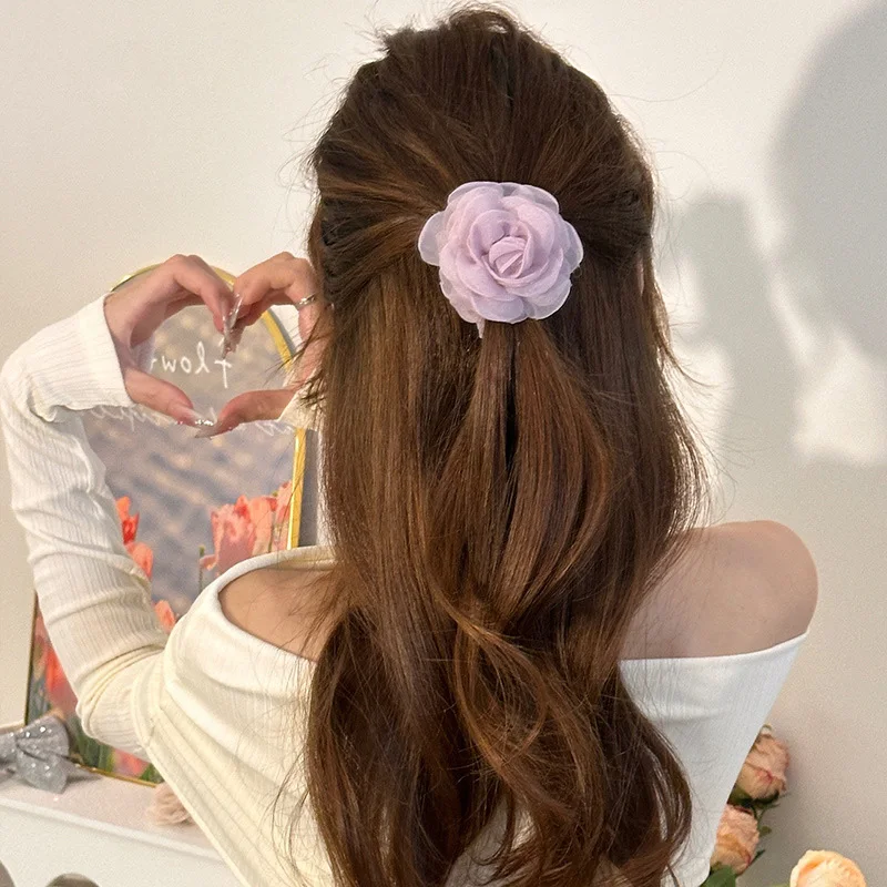 Woman Rose Flower Design Elastics Hair Band Solid Color Gauze Scrunchies Girls Cute Hair Ties Lady Ponytail Hold Hair Accessorie