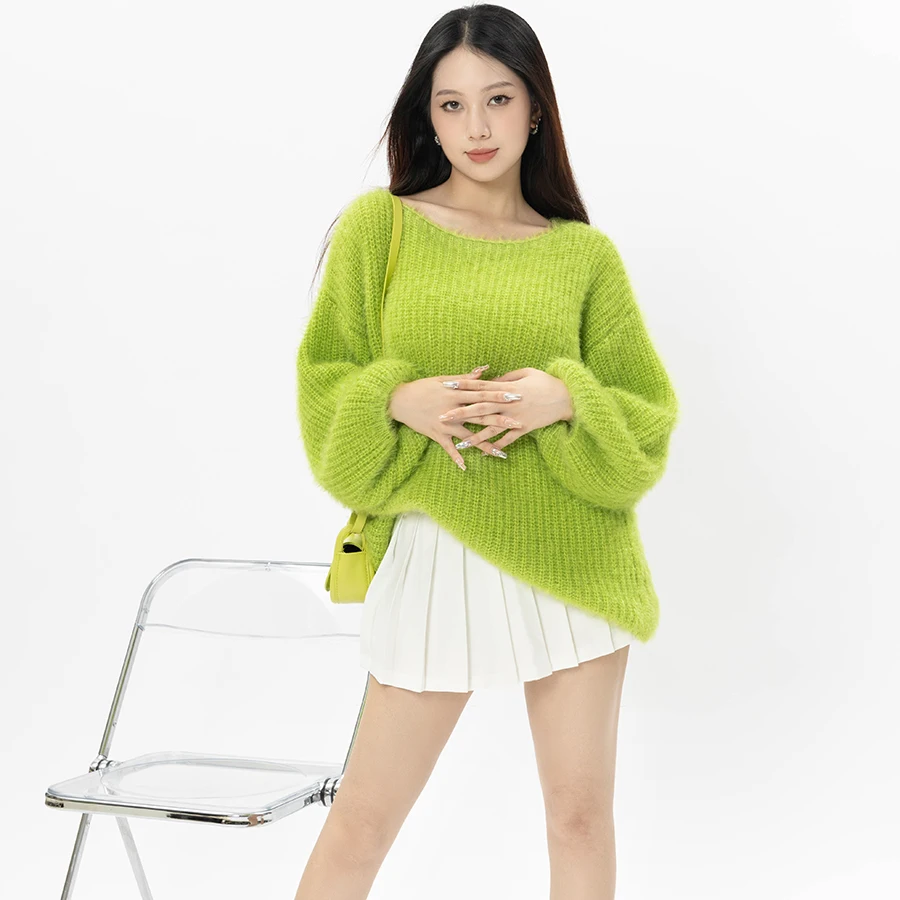 Autumn Winter Women Girl Casual Solid Pullover Sweater Coat Sweet Fashion Design Loose Short Stripe Knitted Cardigan Neon Green