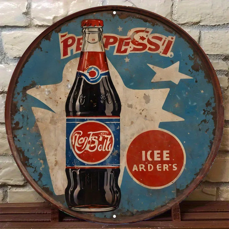 Placa de Metal Vintage Pepsi - Estilo Retrô com Garrafa Clássica e Cubos de Gelo, Bolhas Coloridas e Estrelas para Decoração de Parede