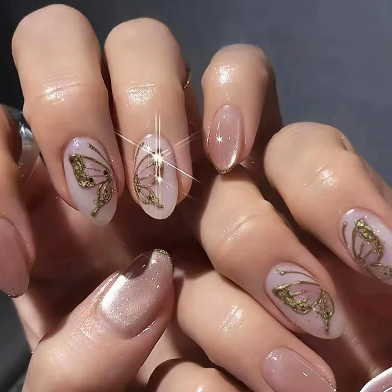 24Pcs Fake Nails Cat-Eye Gold French Butterfly Short Oval Minimalist Press-On Nail Tips Perfect Gift for Women and Friends
