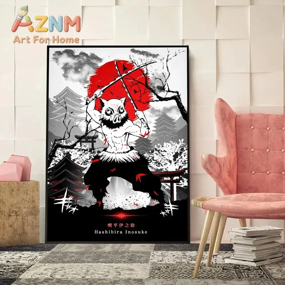 AZNM Demon Slayer Anime Canvas Wall Art Tanjiro Nezuko Shinobu Rengoku Japanese Red Sun Style Canvas Print Bedroom Decor Poster