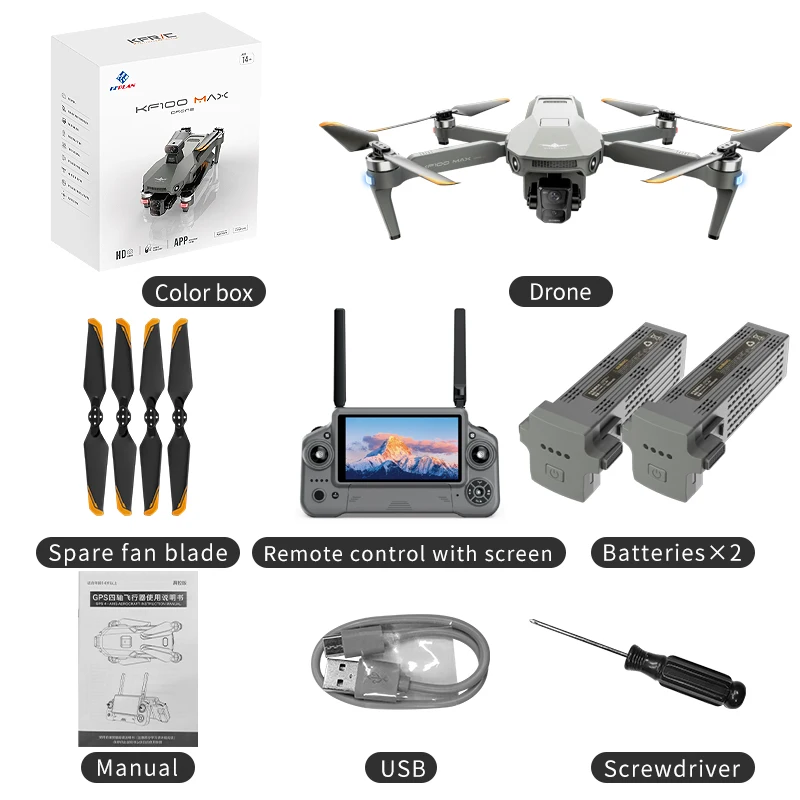 KF100 MAX GPS Drone met HD-camera, 10KM bereik, 3-assige gimbal, obstakeldetectie, 2 accu's, FPV, opvouwbare quadcopter