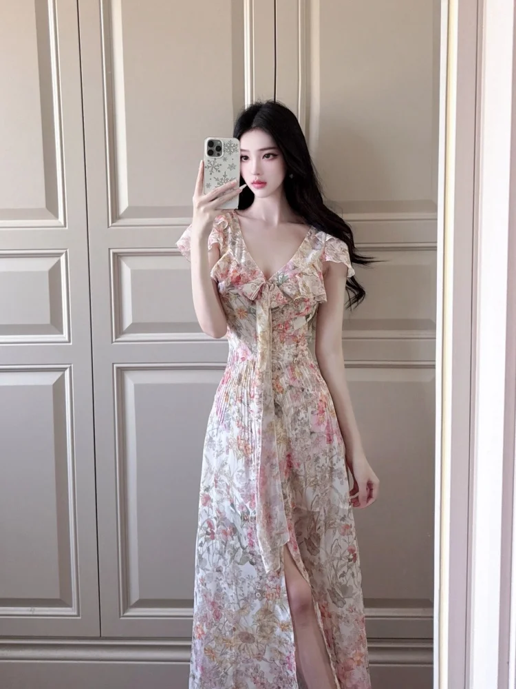 Retro Floral Trim Dr Women's Summer Slimming Long Skirt Vaion Sle ort Sve V-Ne Breathable Comfortable Fit Body...