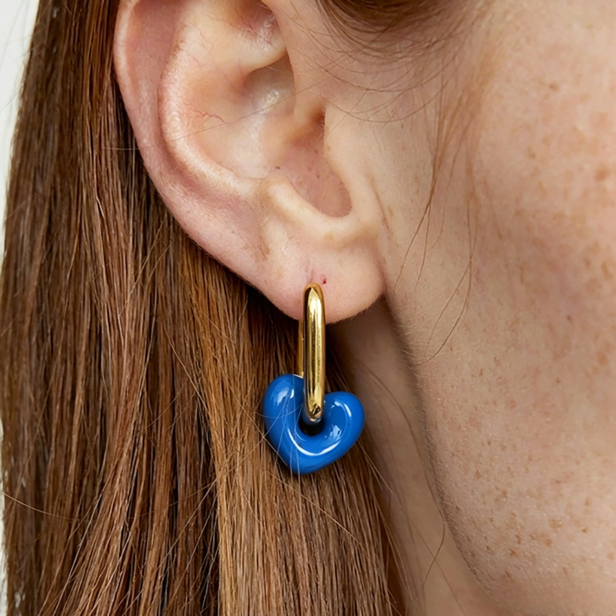Klein Blue Enamel Hollow Heart Interlocked Rectangle Huggie Earrings 316 Stainless Steel Gold Dopamine Color Block Heart Hoops